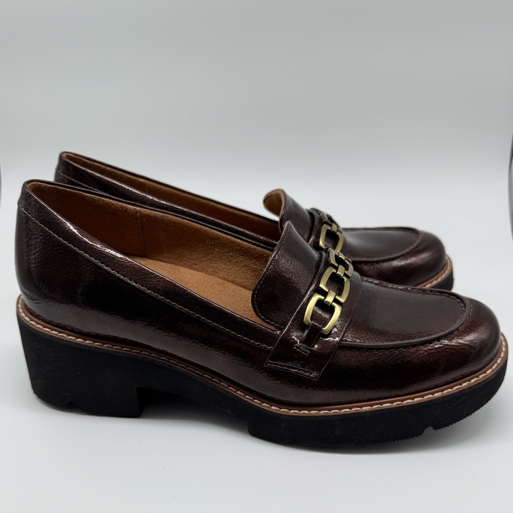 Naturalizer Women's Shiny Brown Loafers with Gold Accent and chunky heel - Picture 5 of 9